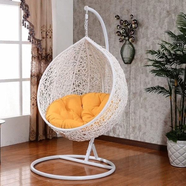 Metal White Swing Chair With Yellow Cushion & Stand