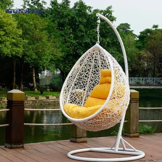 Metal White Swing Chair With Yellow Cushion & Stand